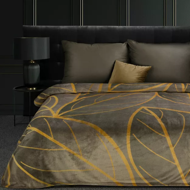 Koc 150x200 ALISMA 2A brązowy z motywem rudych dużych liści Limited Collection