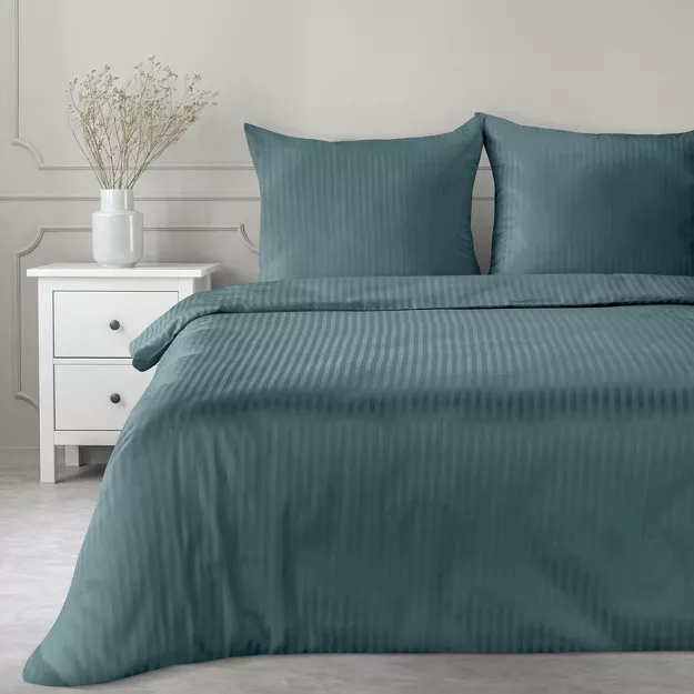 Pościel satynowa 220x200 VERA jednokolorowa gładka morska w prążki