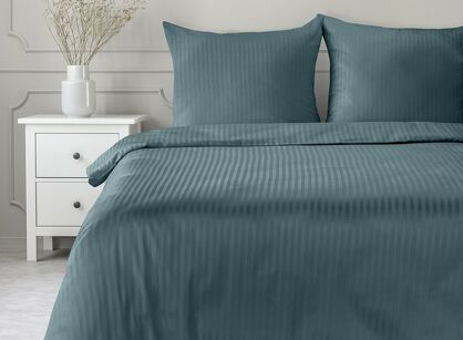 Pościel satynowa 220x200 VERA jednokolorowa gładka morska w prążki
