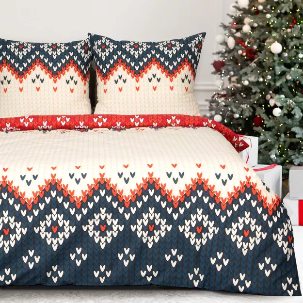 Pościel świąteczna 140x200 NORDIC beżowa granatowa wzór skandynawski z bawełny renforce