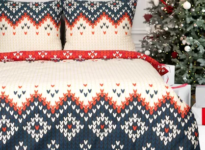 Pościel świąteczna 140x200 NORDIC beżowa granatowa wzór skandynawski z bawełny renforce