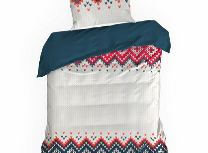 Pościel świąteczna 140x200 NORDIC beżowa granatowa wzór skandynawski z bawełny renforce