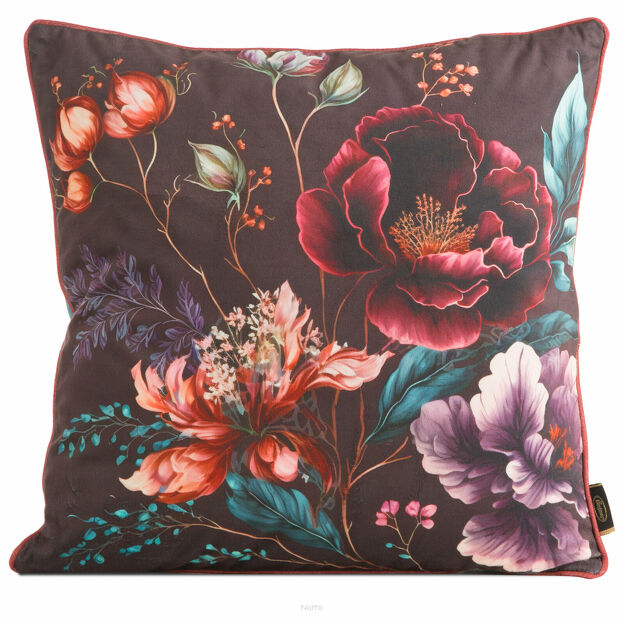 Poszewka welwetowa 45x45 VELVET 129 bordowa z designerskim wzorem kwiatowym obszyta lamówką