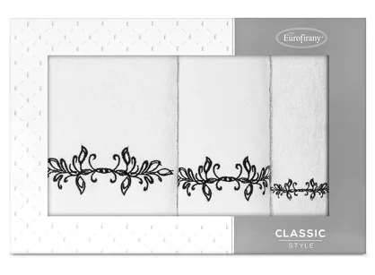 Komplet ręczników 3 szt. KAMELIA białe z haftowanym czarnym wzorem delikatnych listków w kartonowym pudełku