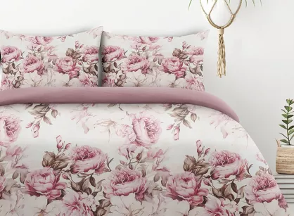 Pościel z mikrowłókna 220x200 PEONY 1 kremowa z nadrukiem różowych piwonii Design 91