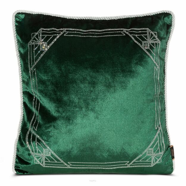 Poszewka welwetowa 45x45 ROYAL 9 ciemna zieleń zdobiona wzorem w kryształki i obszyta srebrnym sznurkiem