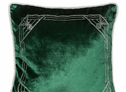 Poszewka welwetowa 45x45 ROYAL 9 ciemna zieleń zdobiona wzorem w kryształki i obszyta srebrnym sznurkiem