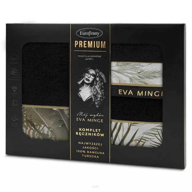 Komplet ręczników EVA 17 Eva Minge czarne z botanicznym wzorem w liście z kolekcji Premium