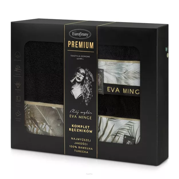 Komplet Ręczników EVA 17 Eva Minge czarne z botanicznym wzorem w liście z kolekcji Premium 500 g/m2
