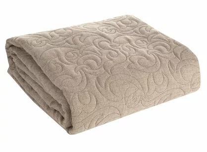Narzuta jednokolorowa 220x240 LEN 4 beżowa pikowana w ornamentowy wzór imitująca len