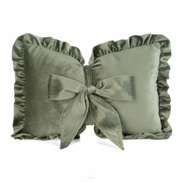 Poduszka welwetowa z wypełnieniem 35x55 KOKARDA 2 oliwkowa obszyta falbaną