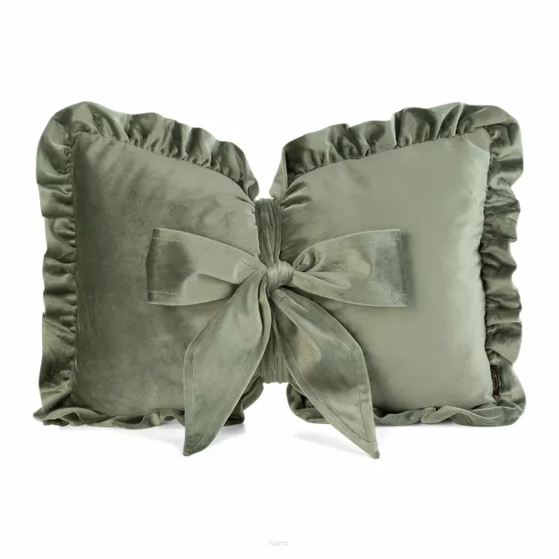 Poduszka welwetowa z wypełnieniem 35x55 KOKARDA 2 oliwkowa obszyta falbaną