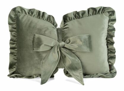 Poduszka welwetowa z wypełnieniem 35x55 KOKARDA 2 oliwkowa obszyta falbaną