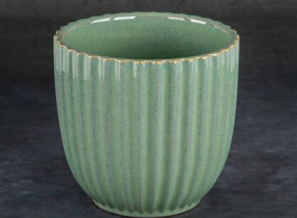 Ceramiczna osłonka na donicę fi 16x15 ARINA zielona z beżowymi przetarciami