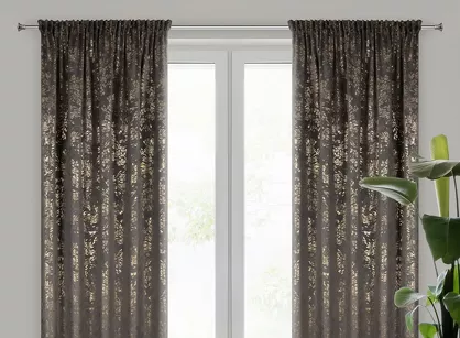 Zasłona na taśmie 140x270 FELIS welwetowa grafitowa z nadrukiem drobnych listków