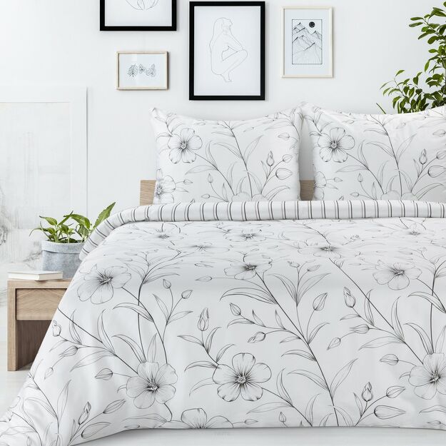 Pościel satynowa 220x200 SPRING 33 biała z czarnym wzorem kwiatowym z kolekcji Classic
