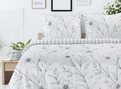 Pościel satynowa 220x200 SPRING 33 biała z czarnym wzorem kwiatowym z kolekcji Classic
