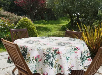 Obrus na taras fi 150 GARDEN 31 biały wodoodporny zielony motyw kwiatowy