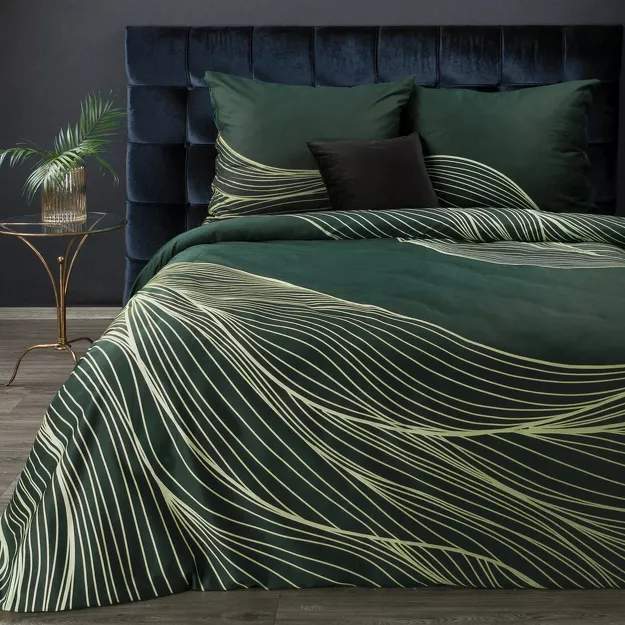 Pościel z makosatyny 160x200 PREMIUM 3 ciemna zieleń z falującym złotym wzorem z kolekcji Premium