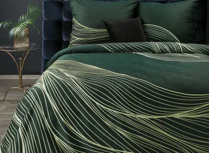 Pościel z makosatyny 160x200 PREMIUM 3 ciemna zieleń z falującym złotym wzorem z kolekcji Premium