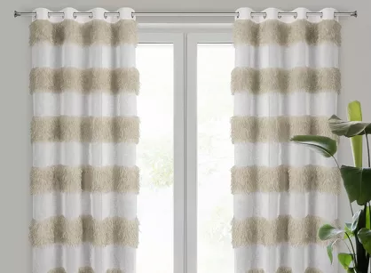 Firana na przelotkach 140x250 MARGARET 3 beżowa z etaminy z moherową kontrastową nicią w pasy