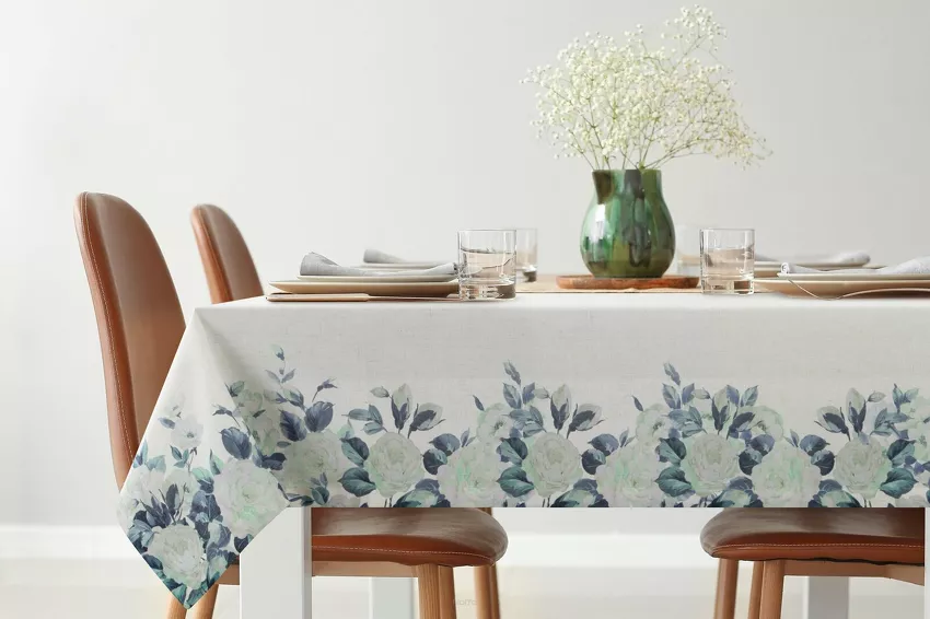 Obrus płócienny 140x300 NATU 8 naturalny z dodatkiem lnu z nadrukiem zielonych róż