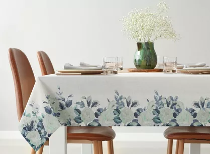 Obrus płócienny 140x300 NATU 8 naturalny z dodatkiem lnu z nadrukiem zielonych róż