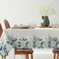 Obrus płócienny 140x300 NATU 8 naturalny z dodatkiem lnu z nadrukiem zielonych róż