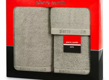 Komplet ręczników EVI Pierre Cardin jasny beż zdobione bordiurą w kolorze ręcznika z logo marki z kolekcji Premium