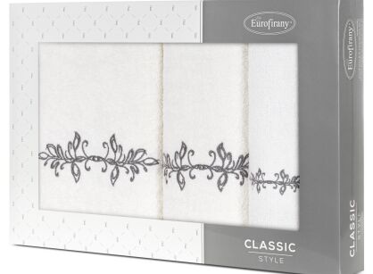 Komplet ręczników 3 szt. KAMELIA kremowe z haftowanym grafitowym wzorem delikatnych listków w kartonowym pudełku
