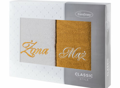 Komplet ręczników 2x50x90 MĄŻ ŻONA srebrne musztardowe