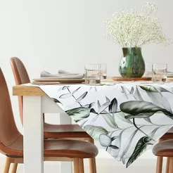 Nakładka welwetowa 85x85 ELLEN biała z wzorem egzotycznych oliwkowych liści
