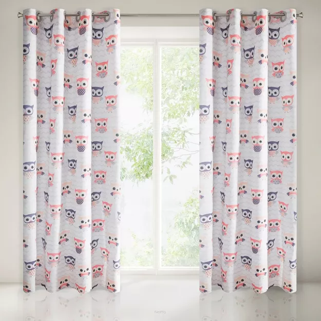 Zasłona na przelotkach 140x250 MERRY biała z nadrukiem różowych sów