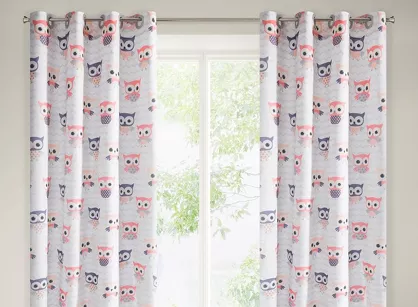 Zasłona na przelotkach 140x250 MERRY biała z nadrukiem różowych sów