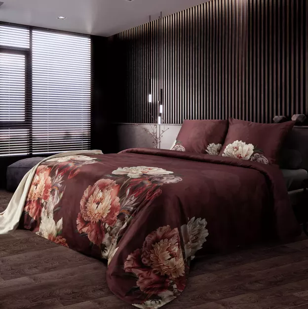 Pościel z makosatyny 220x200 REINA 47 bordowa beżowa z wzorem kwiatów z kolekcji Reina Line
