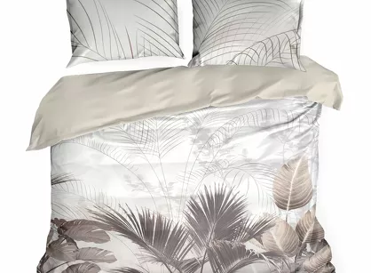 Pościel z satyny 160x200 PREMIUM 23 kremowa z wzorem egzotycznych ciemnobeżowych liści z kolekcji Premium