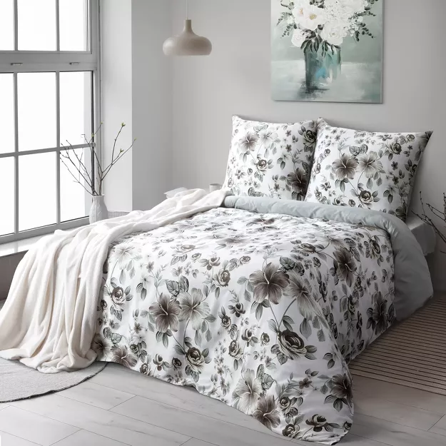 Pościel satynowa 140x200 SPRING 67 biała stalowo miętowy wzór roślinny