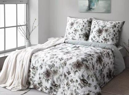 Pościel satynowa 140x200 SPRING 67 biała stalowo miętowy wzór roślinny