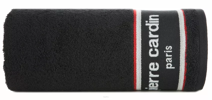 Ręcznik KARL 70x140 KARL Pierre Cardin czarny zdobiony kontrastową bordiurą z napisami Pierre Cardin