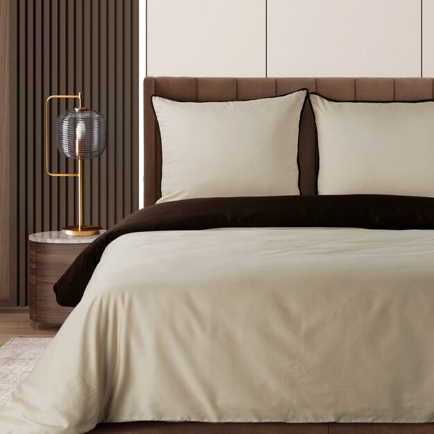 Pościel z makosatyny 220x200 LUNARA beżowa brązowa z ozdobnym sznurem pasmanteryjnym