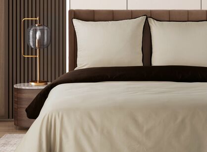 Pościel z makosatyny 220x200 LUNARA beżowa brązowa z ozdobnym sznurem pasmanteryjnym