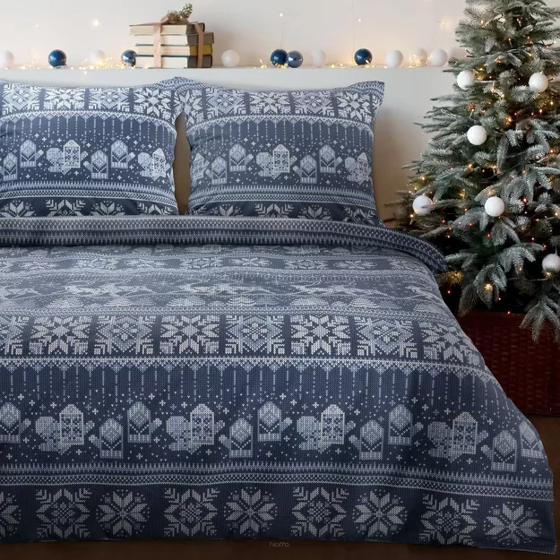 Pościel świąteczna 160x200 FJORD granatowo biała wzór skandynawski z flaneli