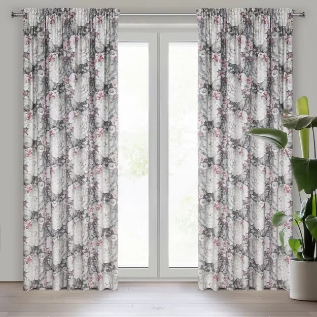 Zasłona na taśmie 140x270 LUCIA welwetowa kremowa ciemny róż z wzorem wyrazistych piwonii