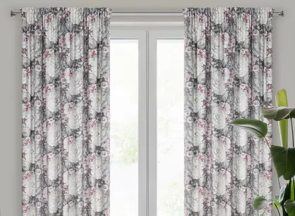 Zasłona na taśmie 140x270 LUCIA welwetowa kremowa ciemny róż z wzorem wyrazistych piwonii