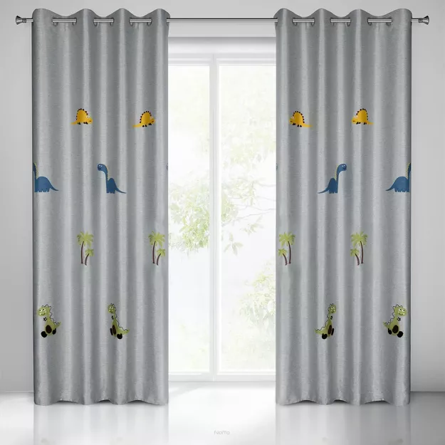 Zasłona na przelotkach 140x250 DINO srebrna z haftem dziecięcym w dinozaury