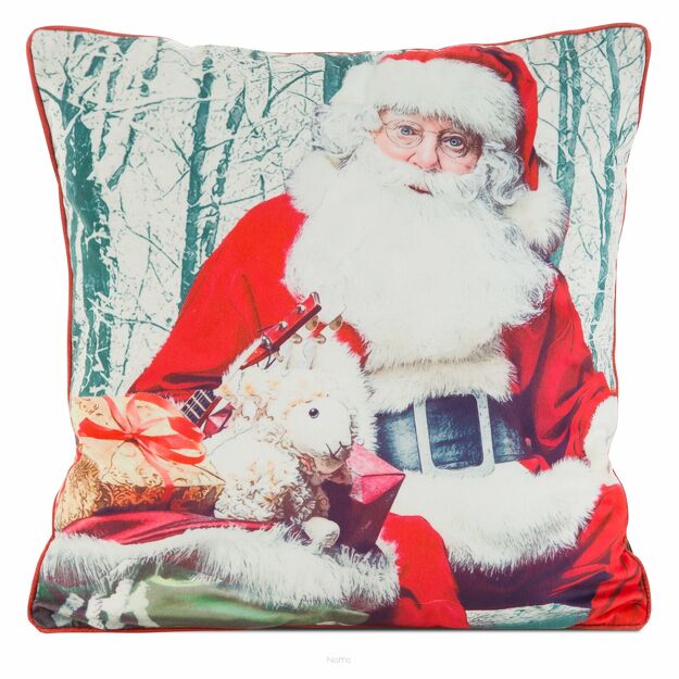 Poszewka świąteczna 45x45 133 welwetowa czerwona z Mikołajem i owieczką obszyta lamówką