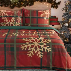 Pościel świąteczna 220x200 ESTRELLA czerwono zielona gwiazdki wzór kraty z bawełny renforce