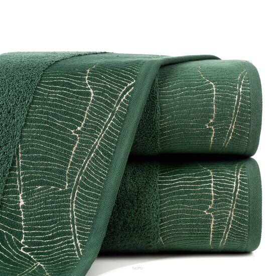 Ręcznik bawełniany 50x90 METALIC zielony z bordiurą z wzorem liści bananowca i złotą nicią