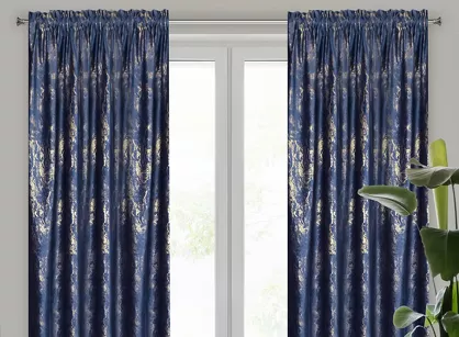 Zasłona na taśmie 140x270 KORNELIA welwetowa granatowa złocisty marmurkowy nadruk