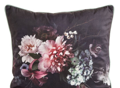 Poszewka welwetowa 45x45 VELVET 137 czarna z designerskim fioletowym wzorem botanicznym